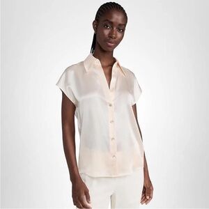 $345 Vince Women's 100% Silk Cap Sleeve Ruched Back Collar Button Down Blouse XS